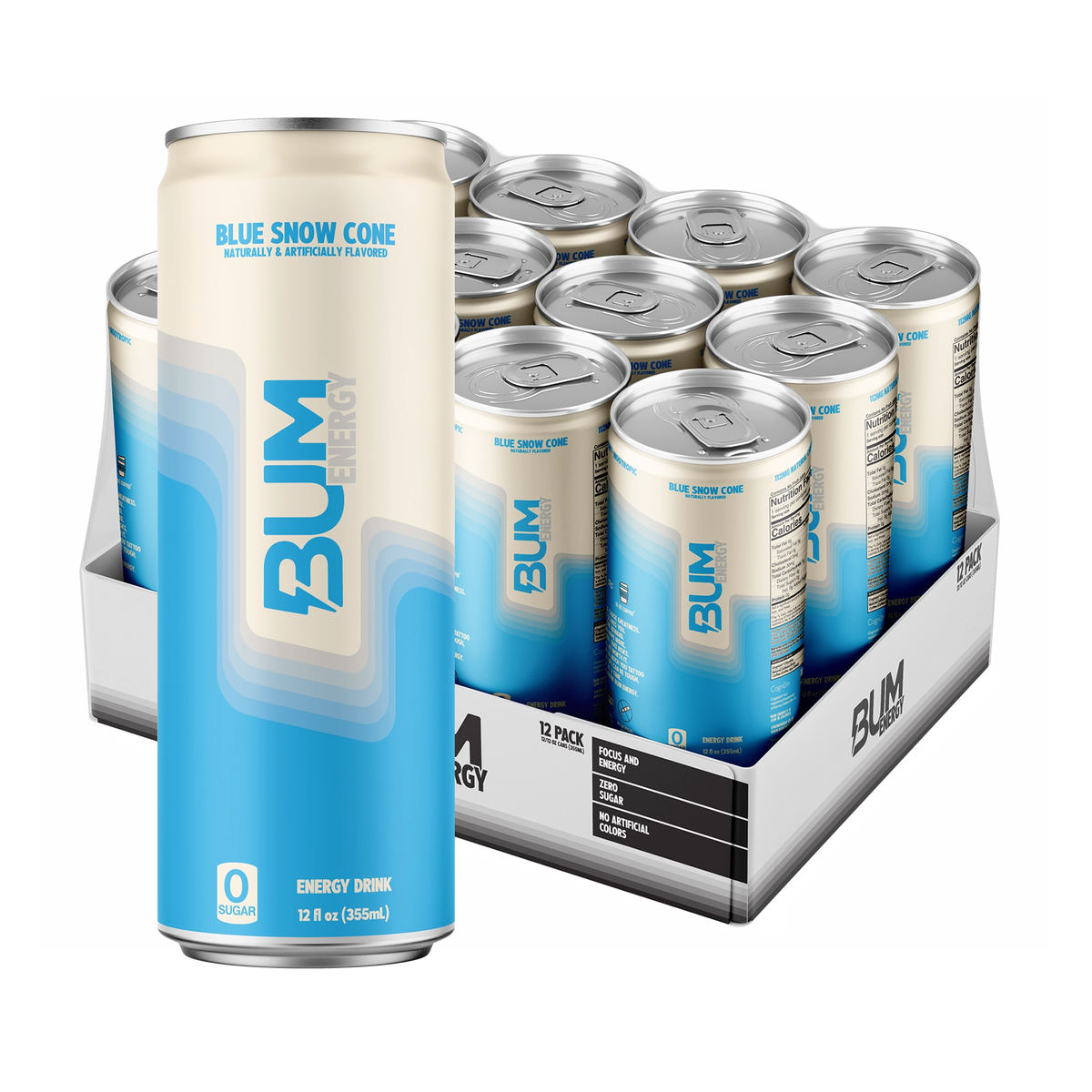 BUM Energy Blue Snow Cone 12-pack: cream and sky-blue zero-sugar can in front of an open tray of 12 cans
