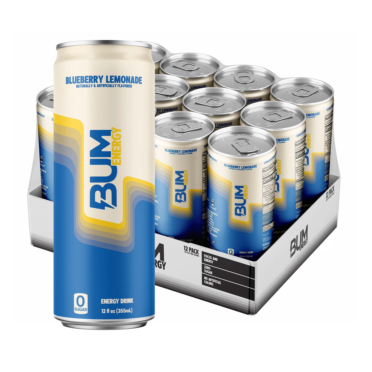 BUM Energy Blueberry Lemonade 12-pack: cream and blue zero-sugar can with yellow accents in front of an open tray of 12 cans