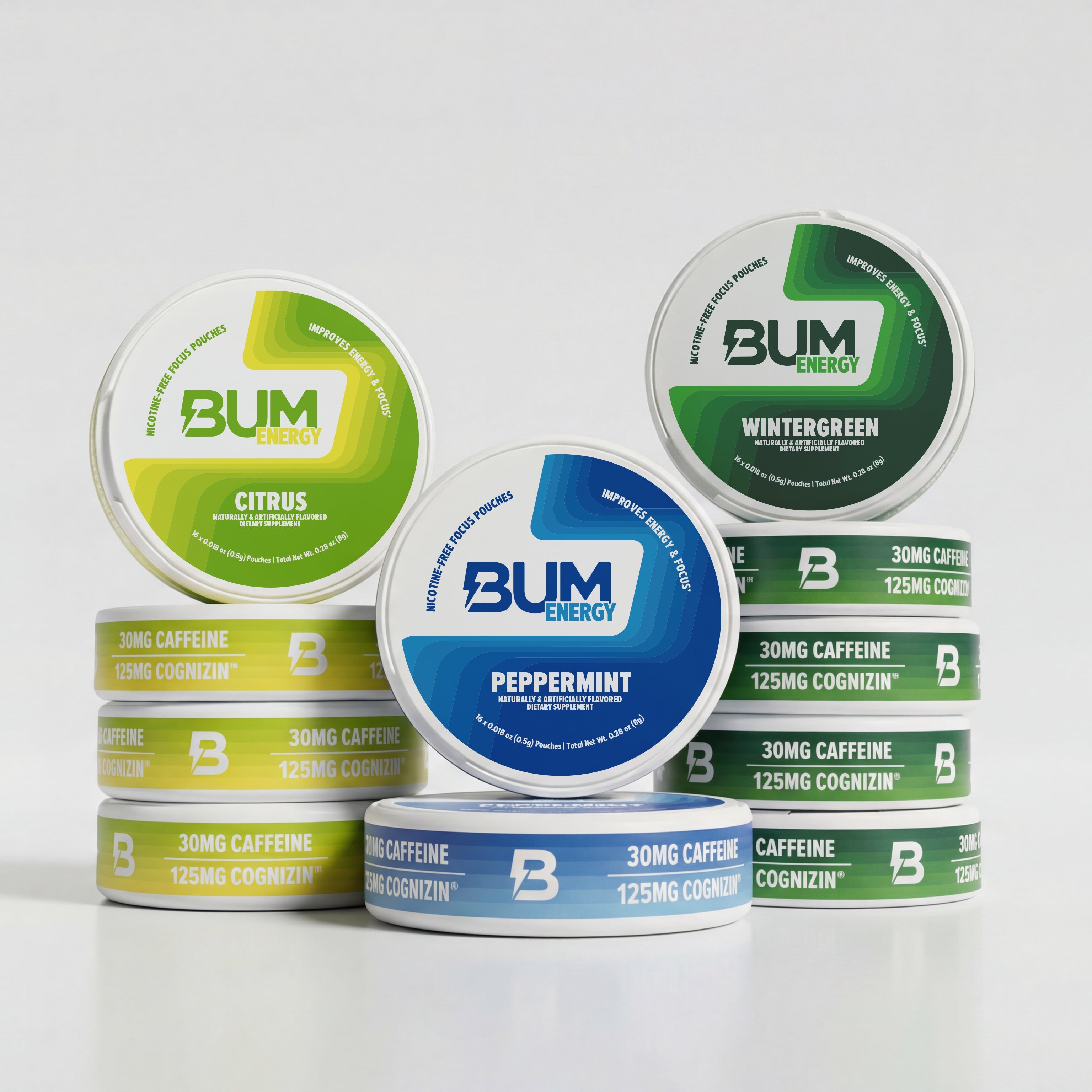 Multiple containers of Bum Energy in various flavors on a white background