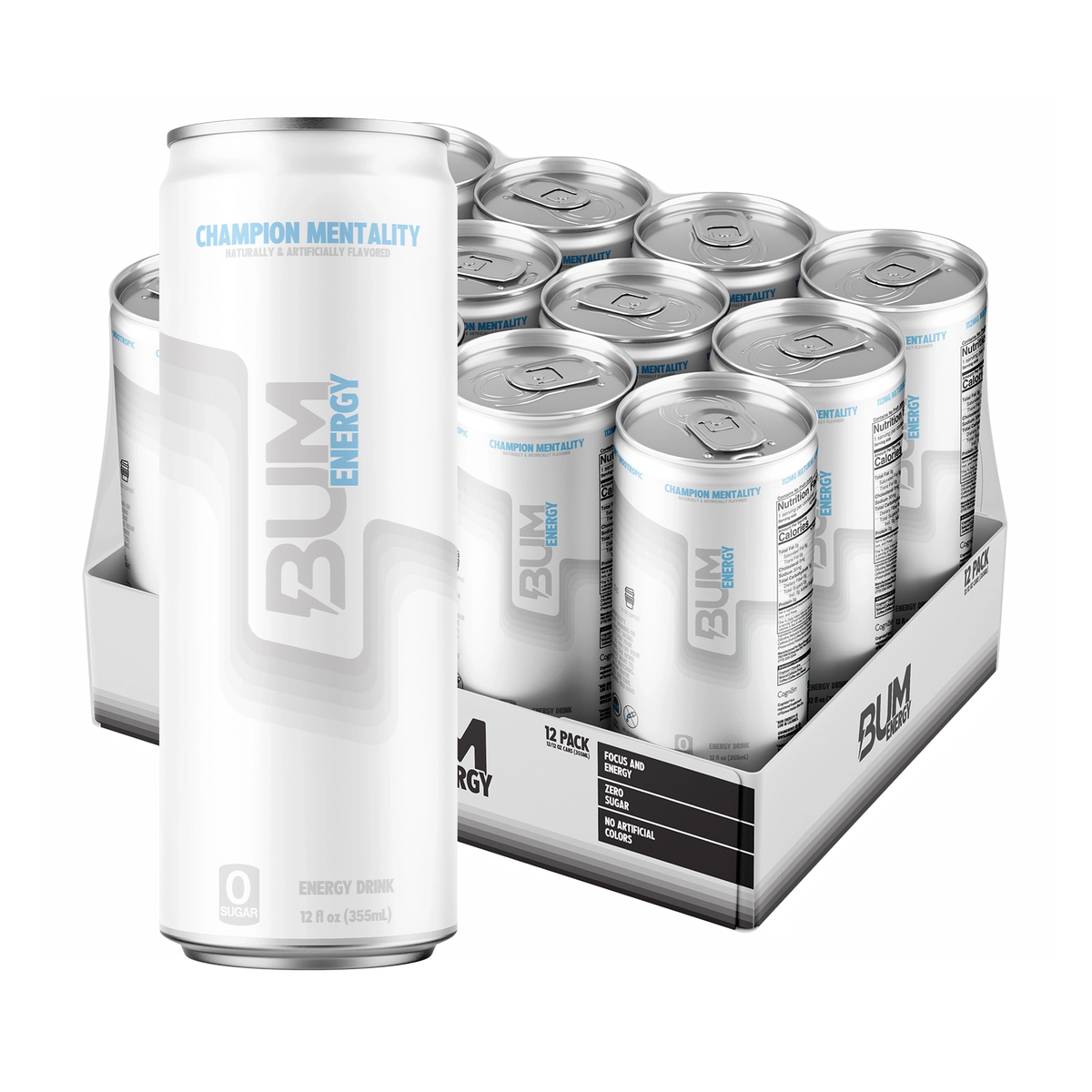BUM Energy Champion Mentality 12-pack: white and light gray zero-sugar can in front of an open tray of 12 cans