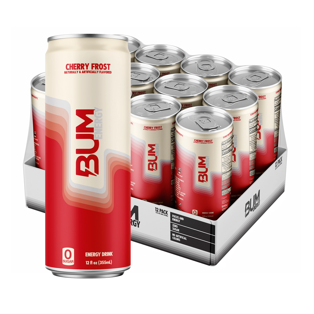 BUM Energy Cherry Frost 12-pack: cream and red zero-sugar can in front of an open tray of 12 cans