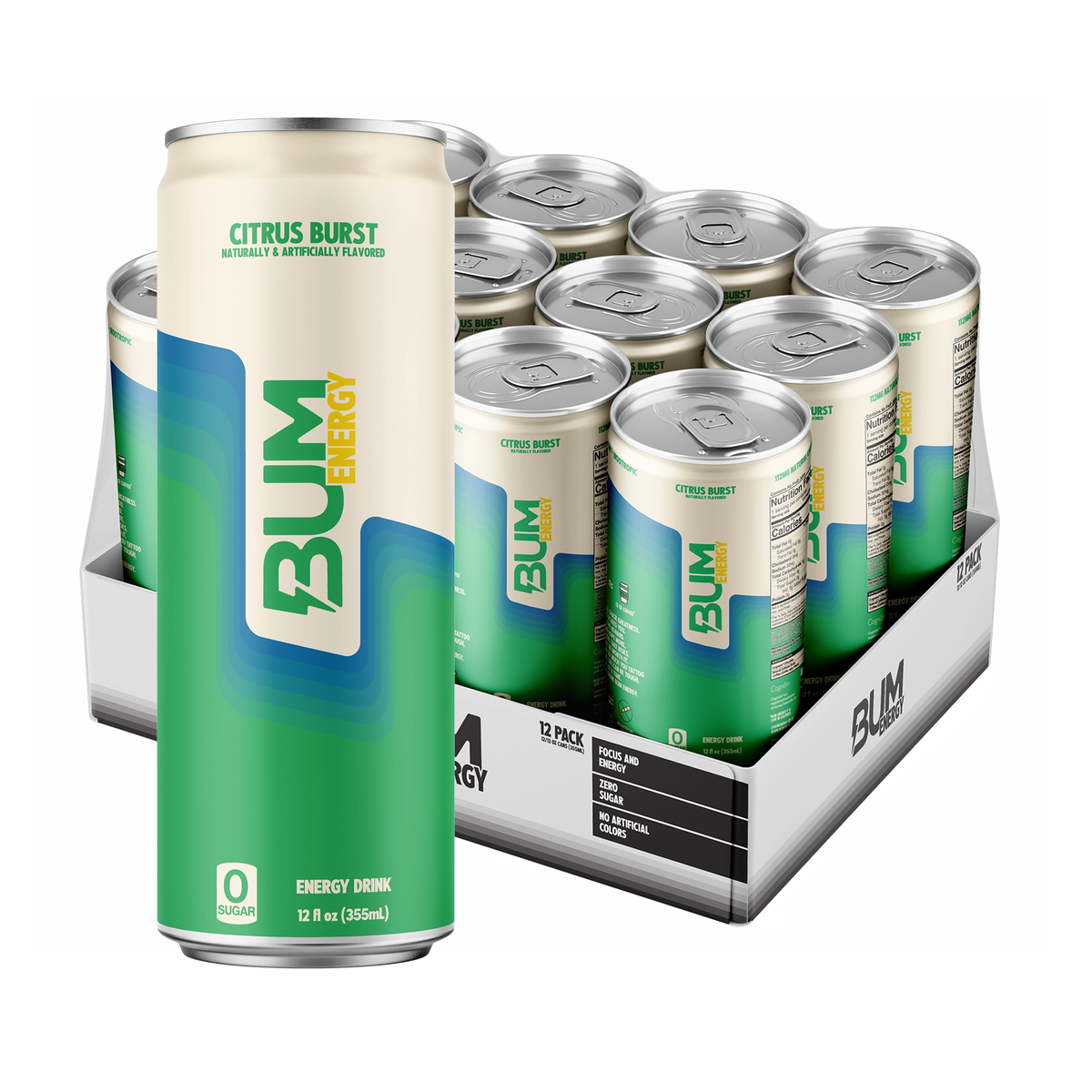 BUM Energy Citrus Burst 12-pack: cream and green zero-sugar can with blue and yellow accents in front of an open tray