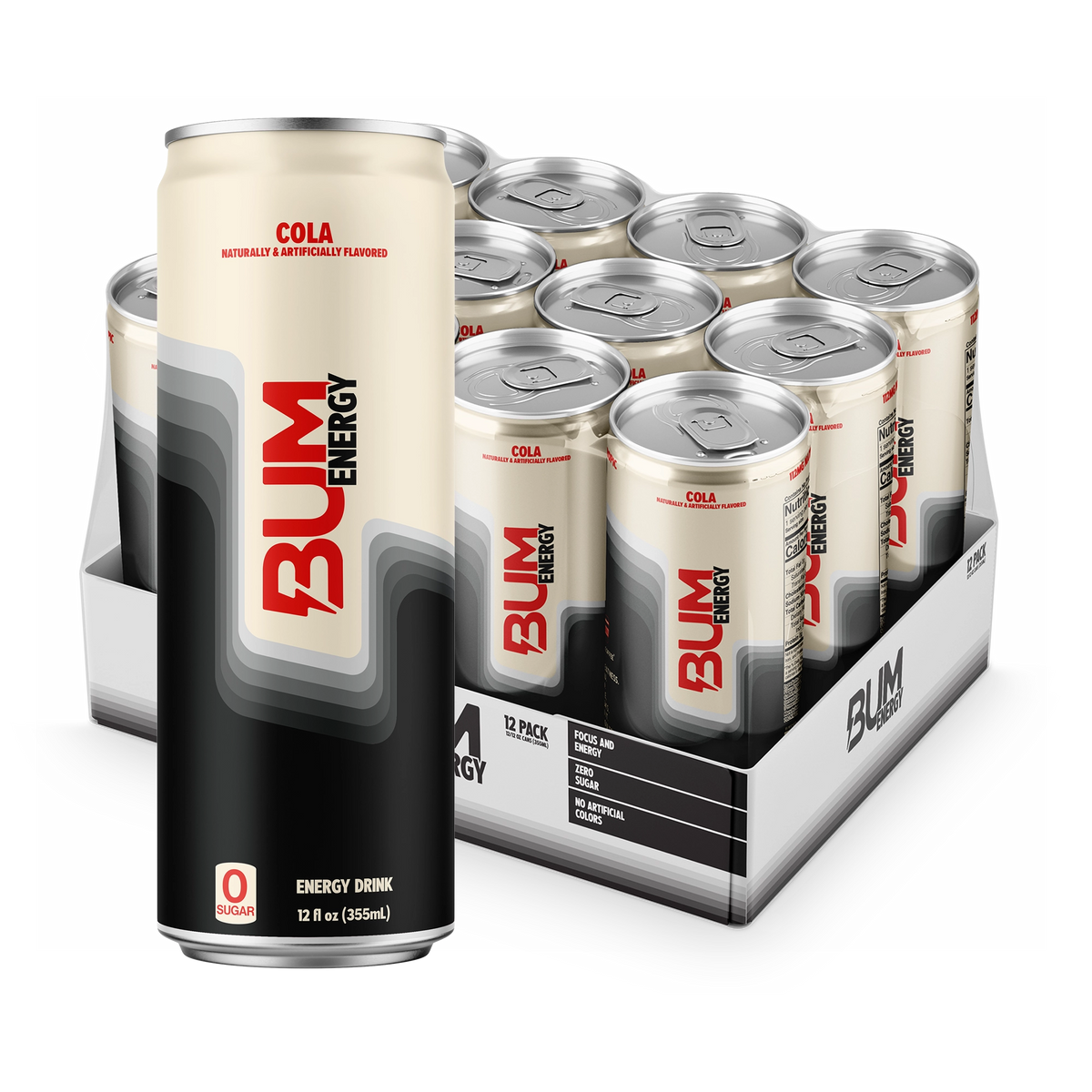 BUM Energy Cola 12-pack: cream and black zero-sugar can with red BUM logo in front of an open tray of 12 cans