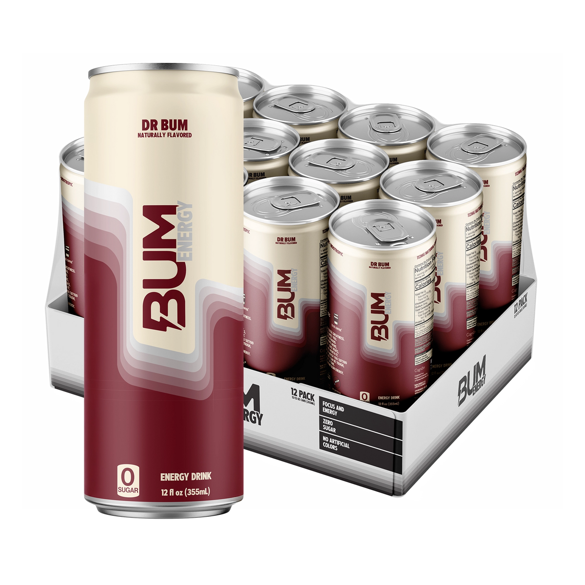 BUM Energy Dr Bum 12-pack: cream and deep cherry-red zero-sugar can in front of an open tray of 12 cans