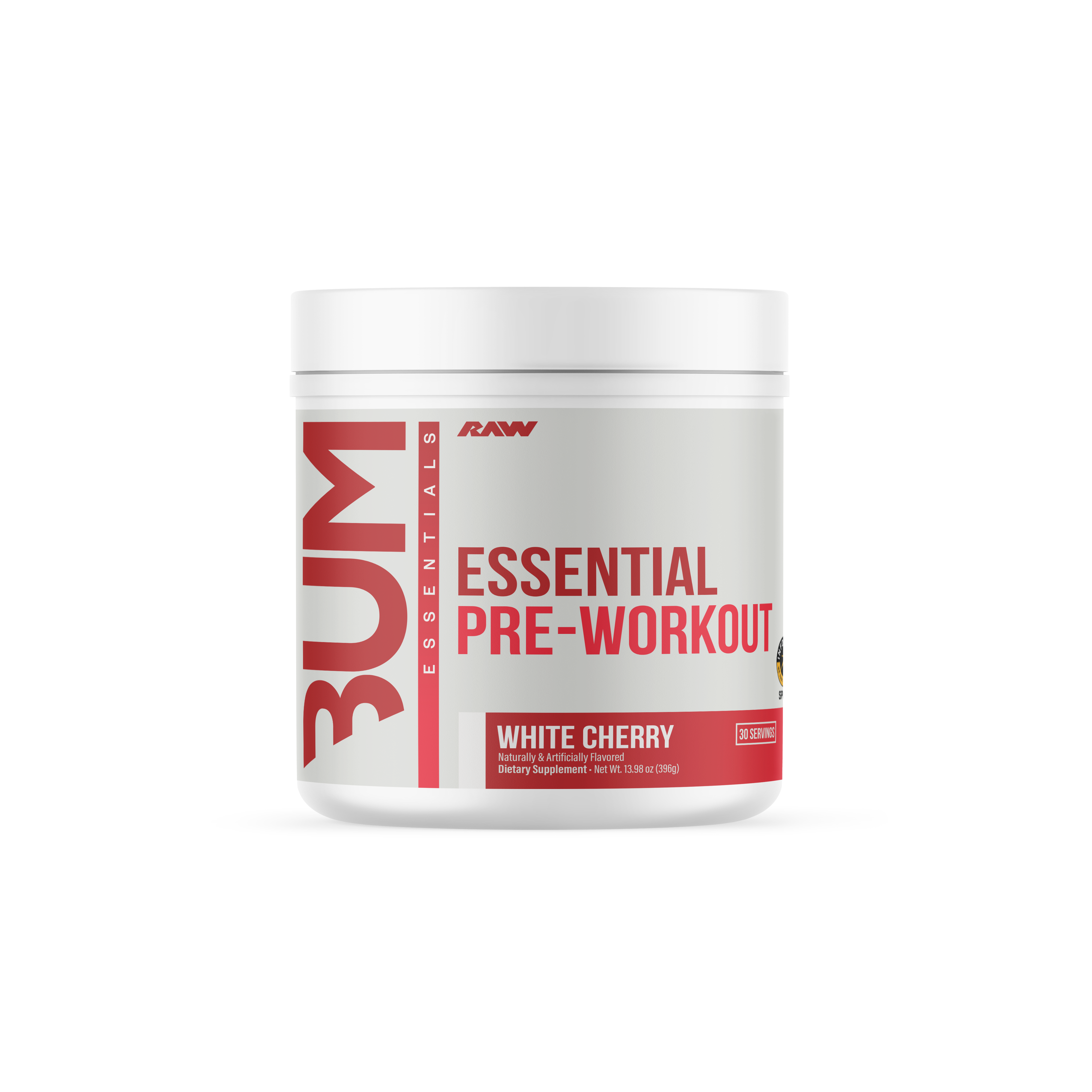 Un envase de plástico blanco de polvo RAW BUM Essentials Pre Workout en sabor a cereza blanca con un texto en la etiqueta roja que destaca 30 porciones de suplemento dietético con sabor natural y artificial para obtener energía y concentración.