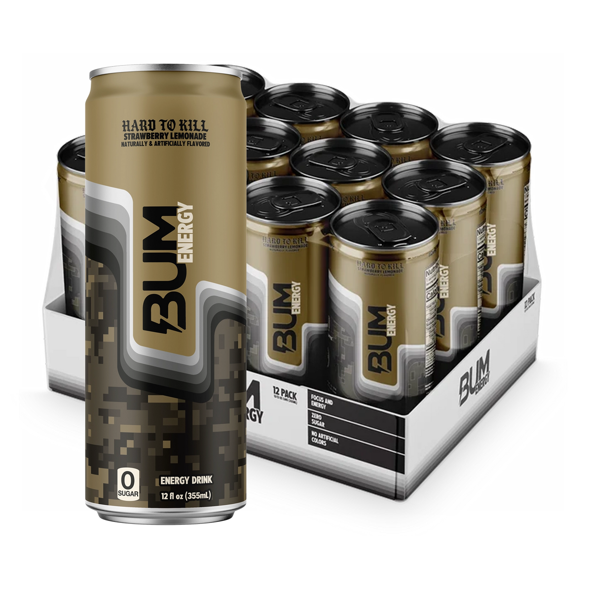 BUM Energy Hard to Kill Strawberry Lemonade 12-pack: tan digital-camo can with black lid in front of an open tray of 12 cans