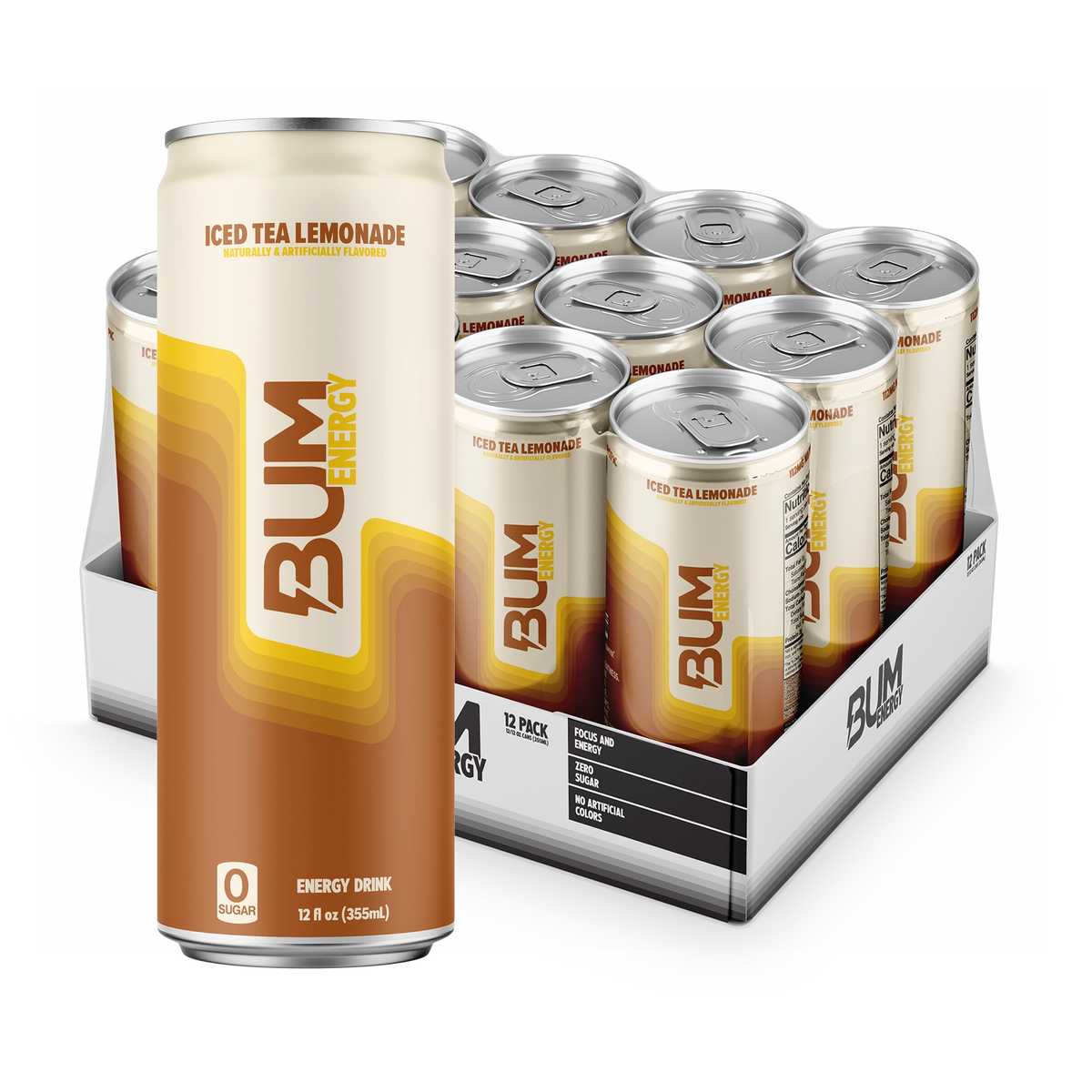 BUM Energy Iced Tea Lemonade 12-pack: cream and amber zero-sugar can in front of an open tray of 12 cans