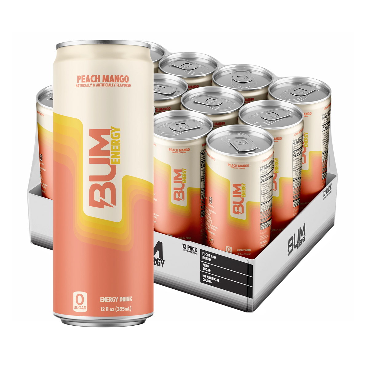 BUM Energy Peach Mango 12-pack: cream and coral zero-sugar can with yellow accents in front of an open tray of 12 cans
