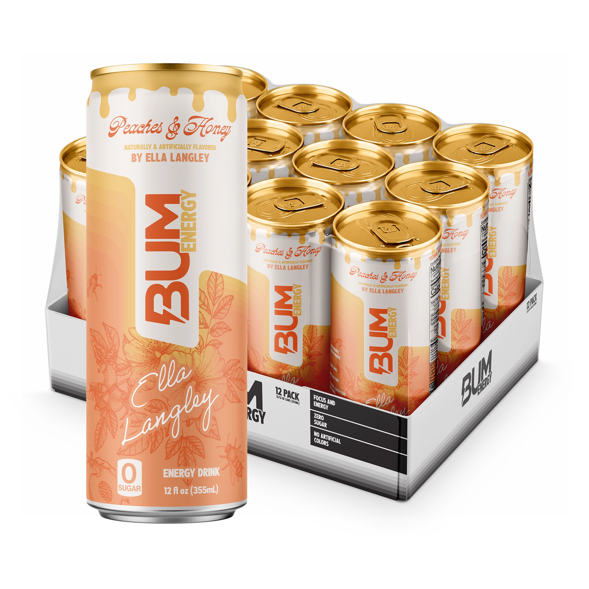 BUM Energy Peaches & Honey by Ella Langley 12-pack: peach floral can with gold lid and her signature, in front of an open tray