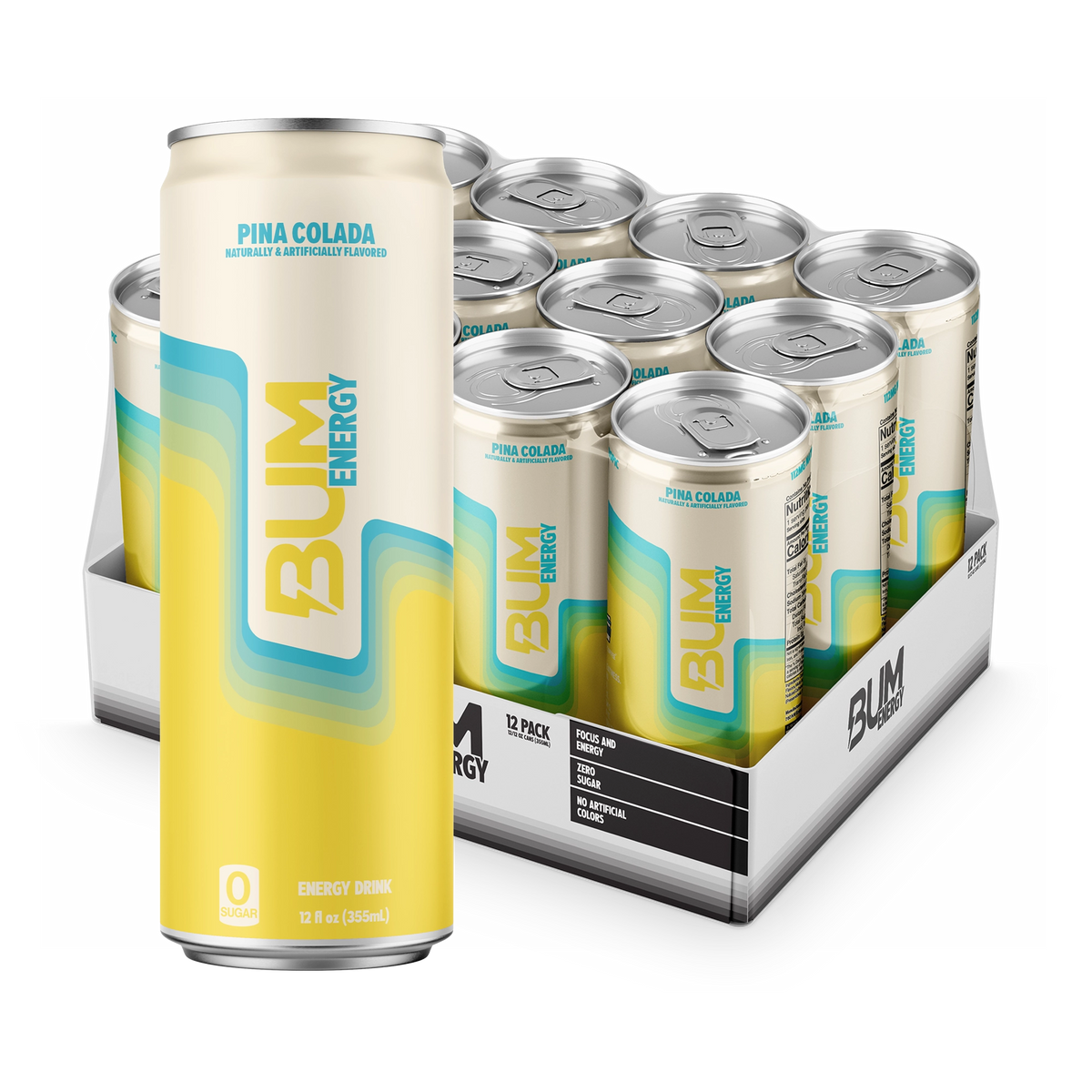 BUM Energy Pina Colada 12-pack: cream and yellow zero-sugar can with teal accents in front of an open tray of 12 cans