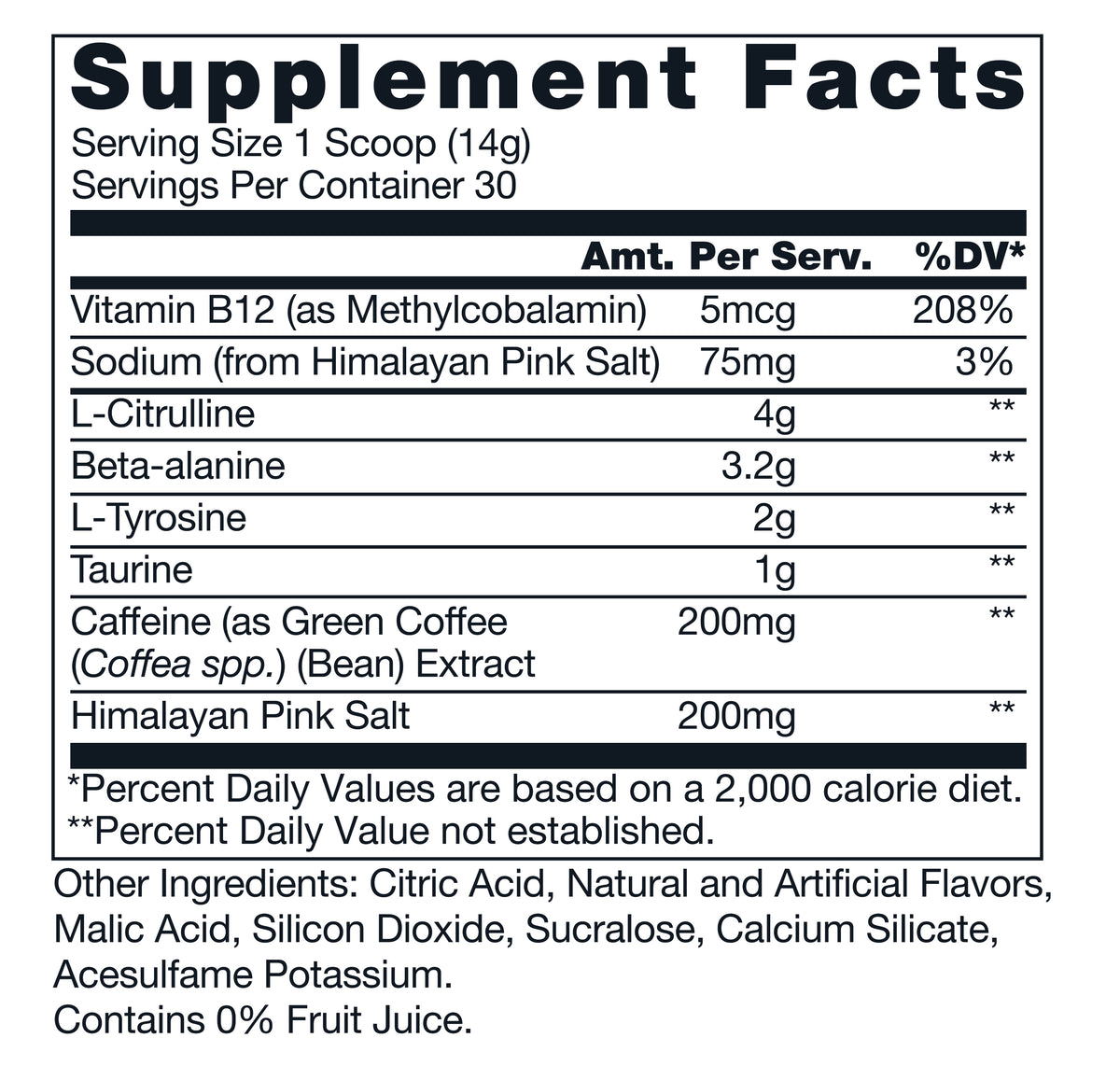 RAW Winterberry Essential Pre-Workout Supplement Facts panel