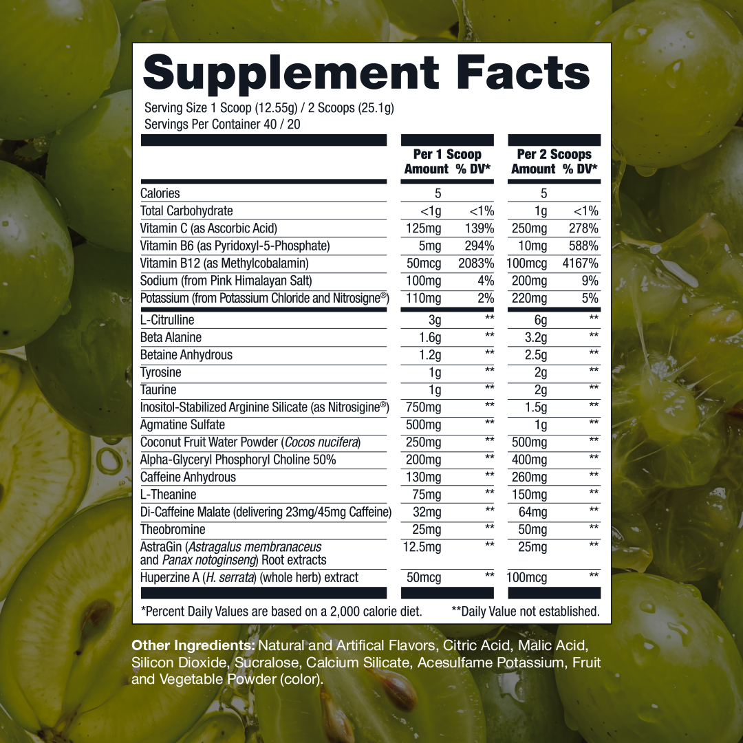 Supplement facts label detailing ingredients and nutritional information for a dietary supplement, set against a background of green grapes.