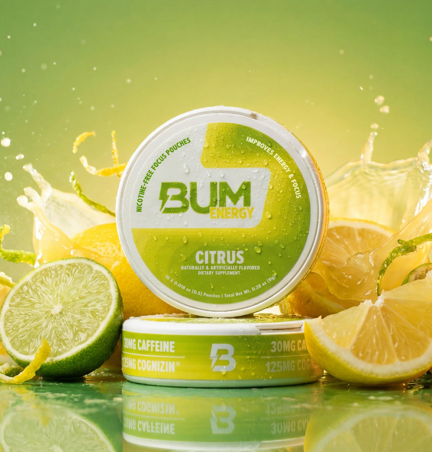 Bum Energy Citrus supplement container with lemons and limes on a green background