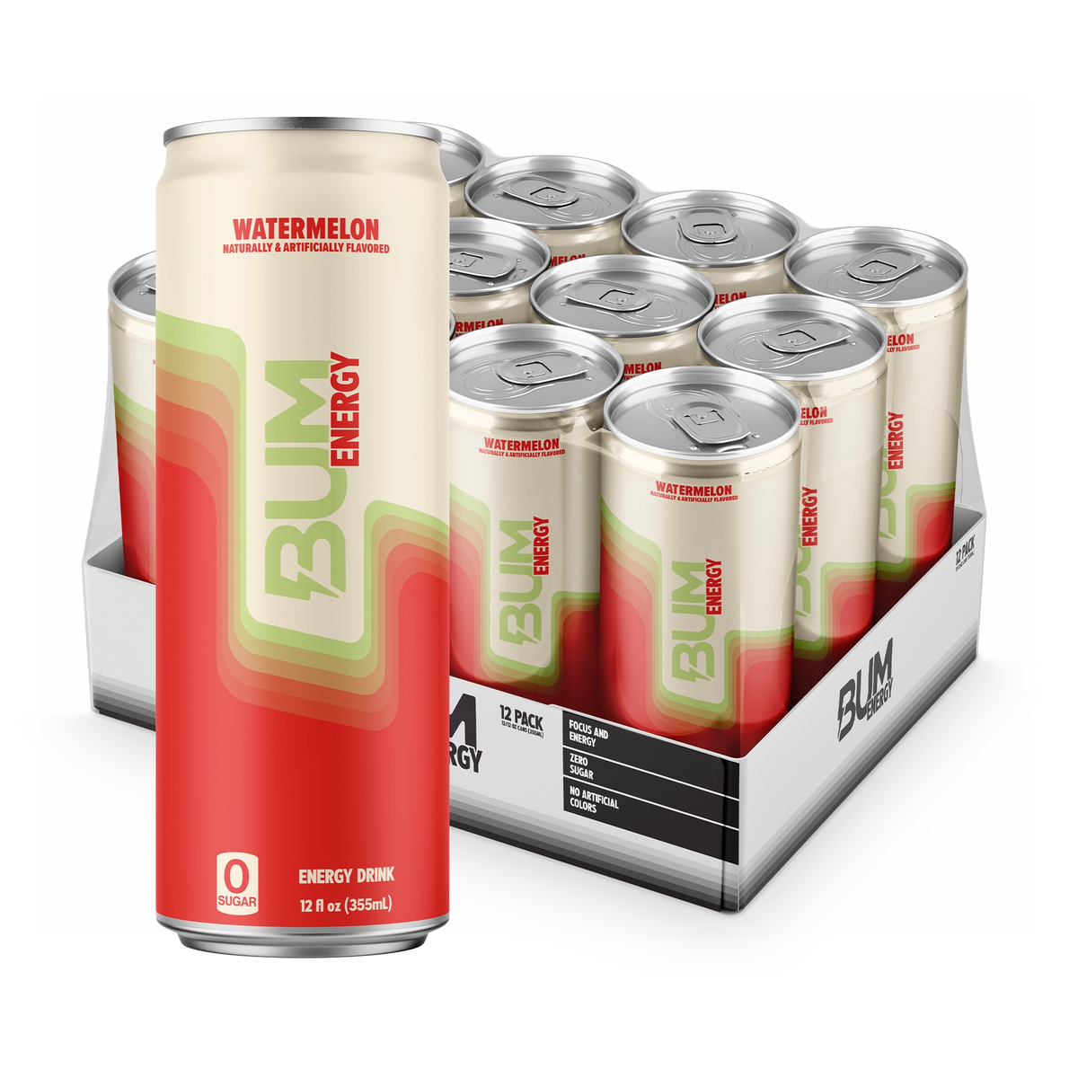 BUM Energy Watermelon 12-pack: cream and red zero-sugar can with light green accents in front of an open tray of 12 cans