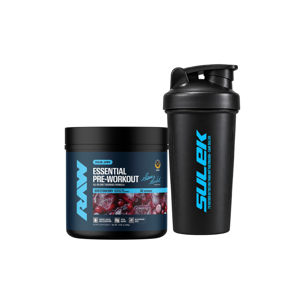 Sam Sulek x RAW Winterberry Essential Pre-Workout with a black Sam Sulek shaker bottle