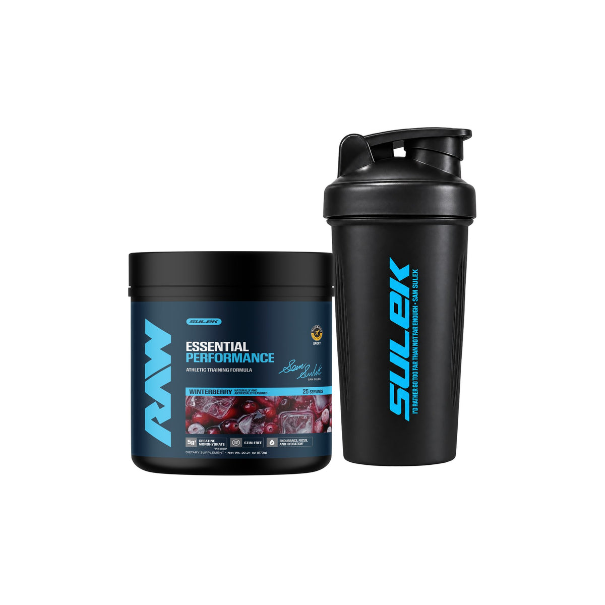 Sam Sulek x RAW Winterberry Essential Performance Pre-Workout with a black Sam Sulek shaker bottle