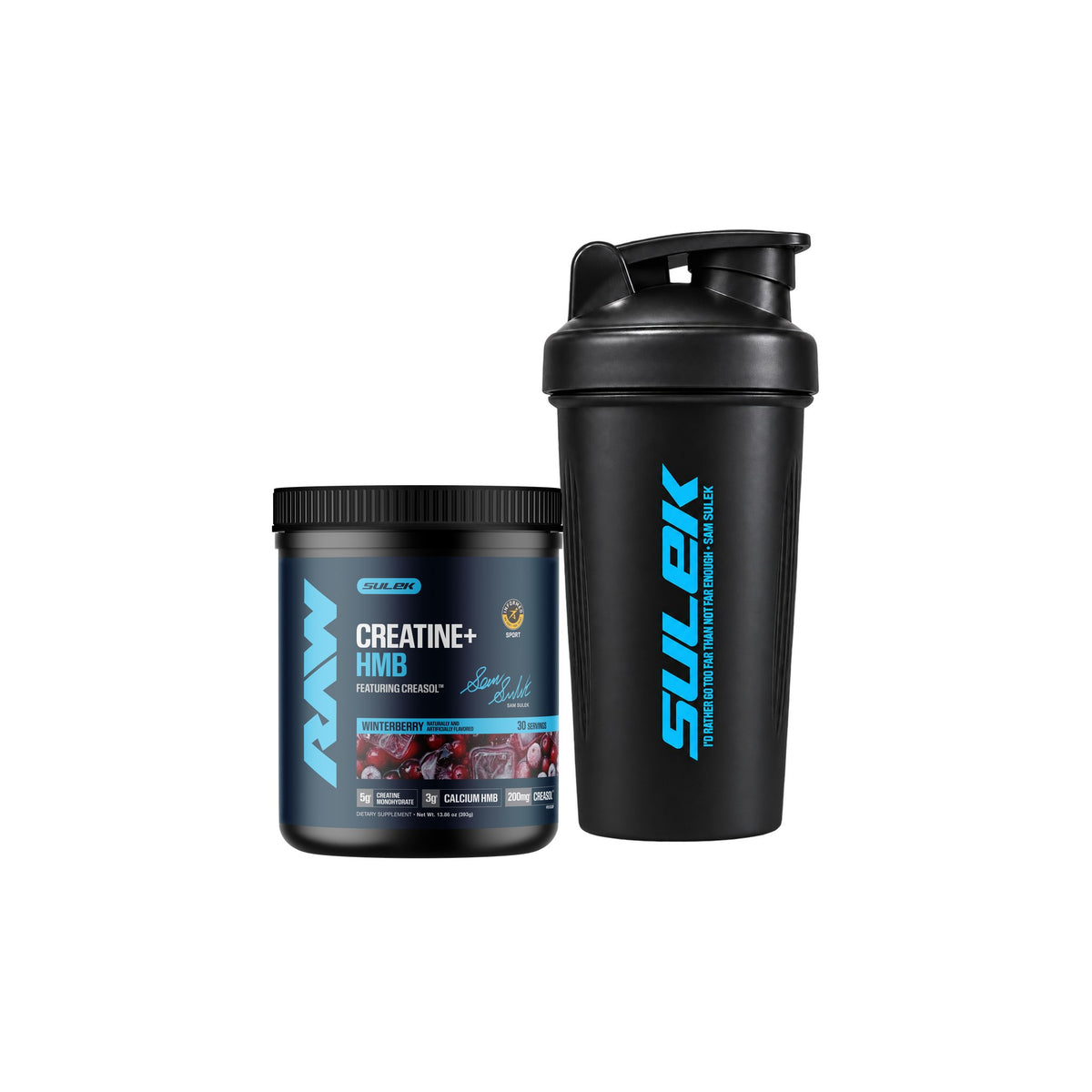 Sam Sulek x RAW Winterberry Creatine + HMB with a black Sam Sulek shaker bottle