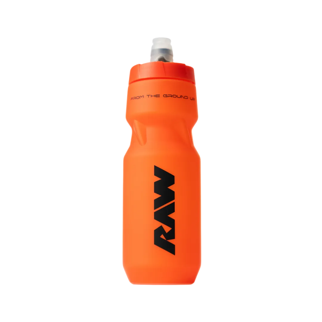 Orange RAW Sport Bottle with black RAW logo on a light grey background