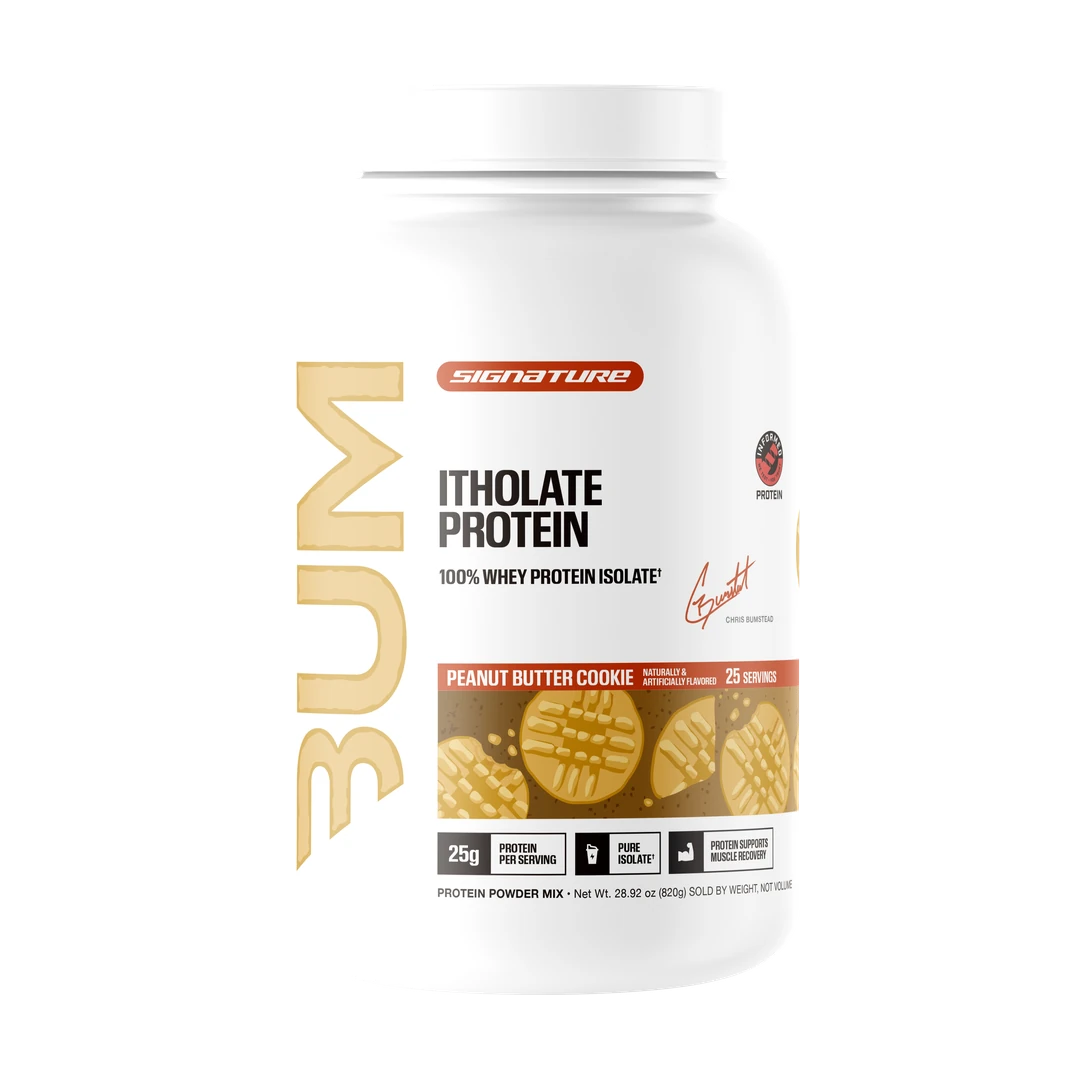 BUM Itholate Protein Peanut Butter Cookie tub, front label.