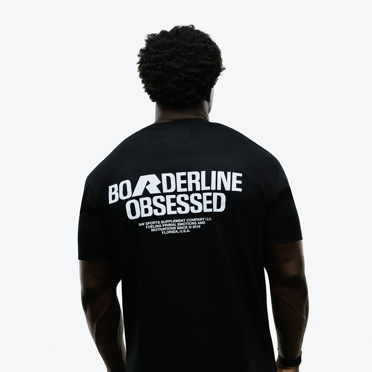 RAW Core Borderline Obsessed T-Shirt, black and light grey, on model, back (men's)