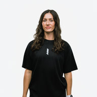 RAW Core Borderline Obsessed T-Shirt, black and light grey, on model, front (women's)