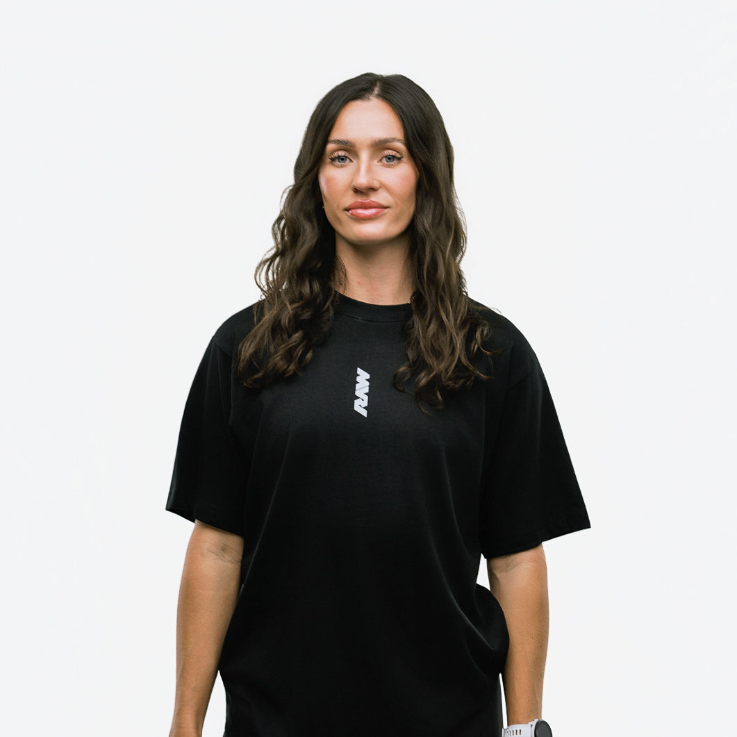 RAW Core Borderline Obsessed T-Shirt, black and light grey, on model, front (women's)