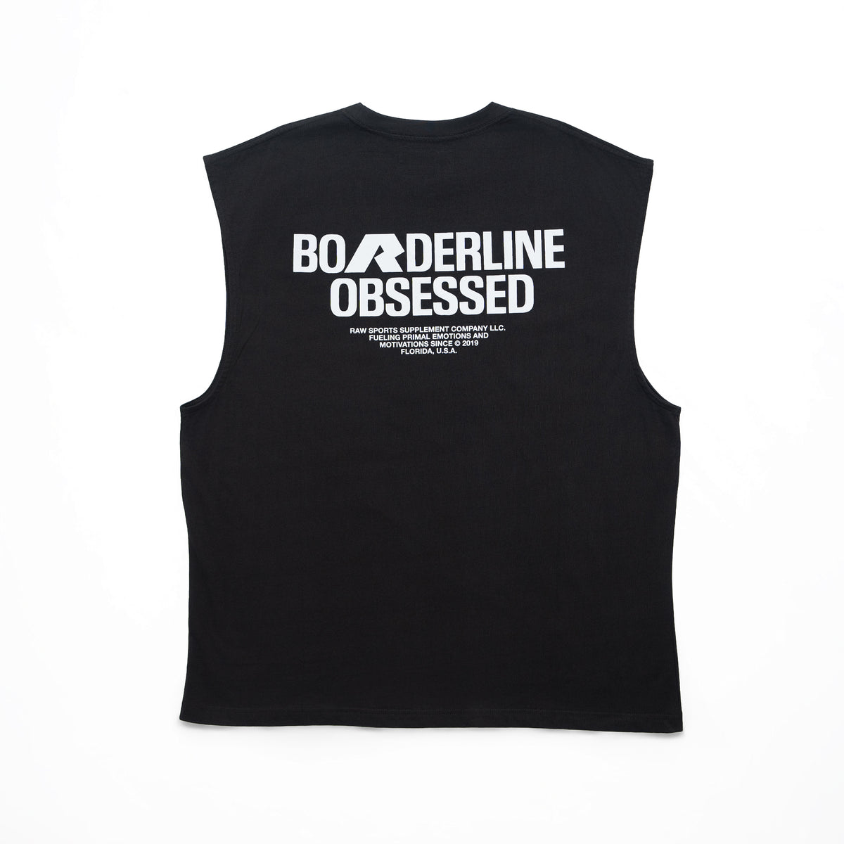 RAW Core Borderline Obsessed Tank, black and light grey, back flat lay