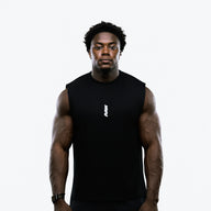 RAW Core Borderline Obsessed Tank, black and light grey, on model, front (men's)