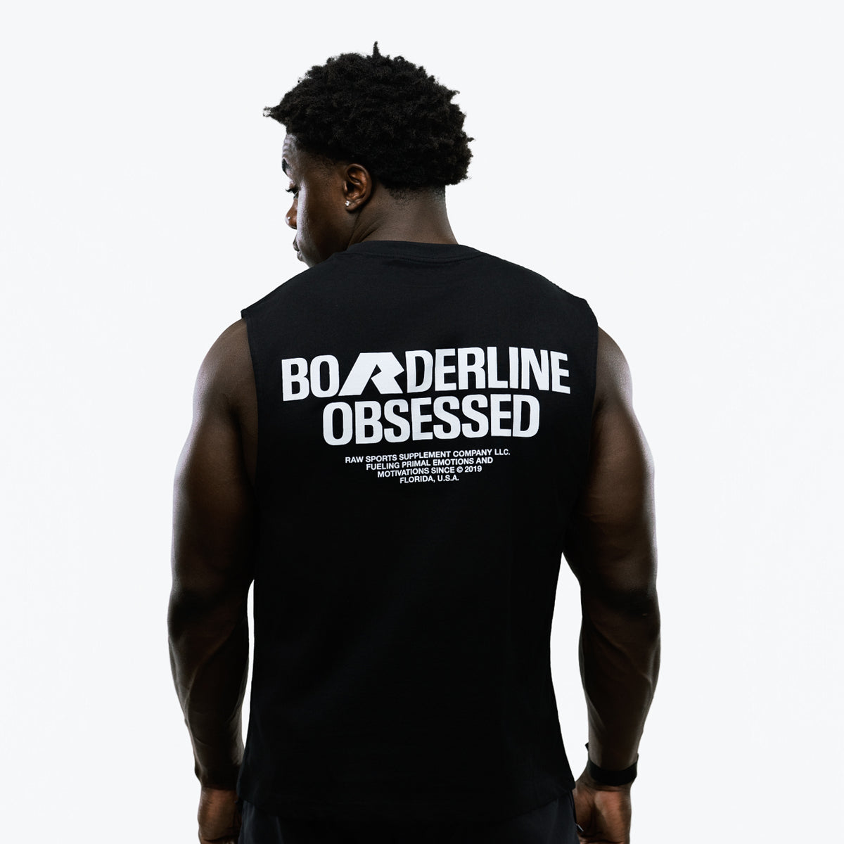 RAW Core Borderline Obsessed Tank, black and light grey, on model, back (men's)