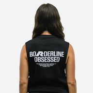 RAW Core Borderline Obsessed Tank, black and light grey, on model, back (women's)