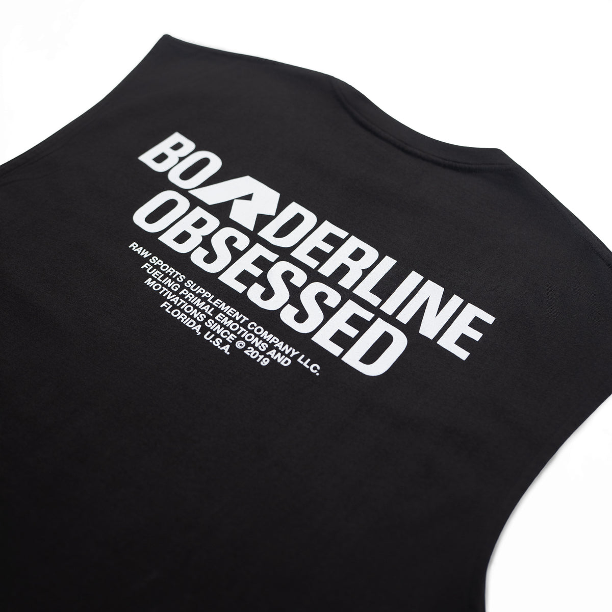RAW Core Borderline Obsessed Tank, black and light grey, back graphic detail