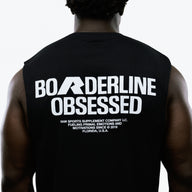 RAW Core Borderline Obsessed Tank, black and light grey, back graphic detail on model