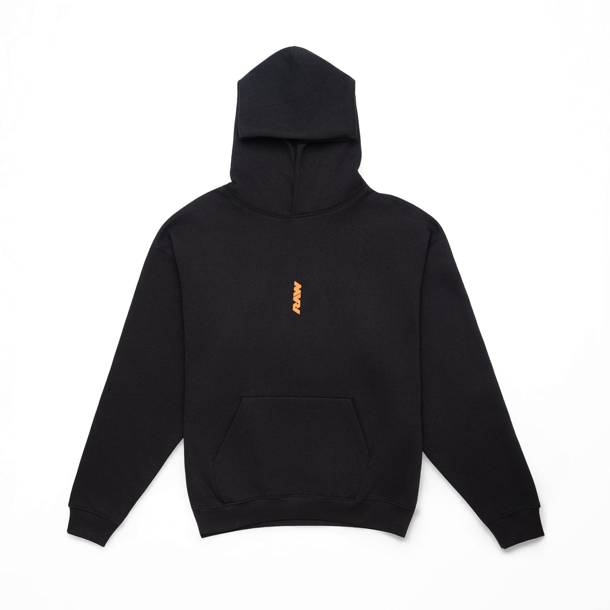 RAW Core Crew Hoodie, black and orange, front flat lay