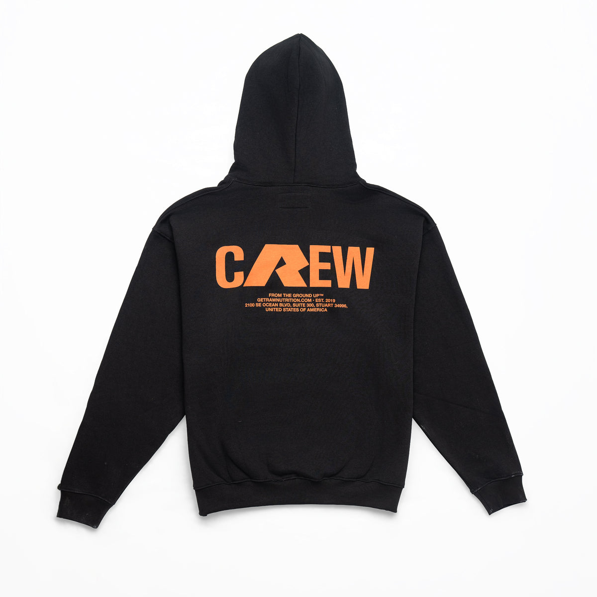 RAW Core Crew Hoodie, black and orange, back flat lay