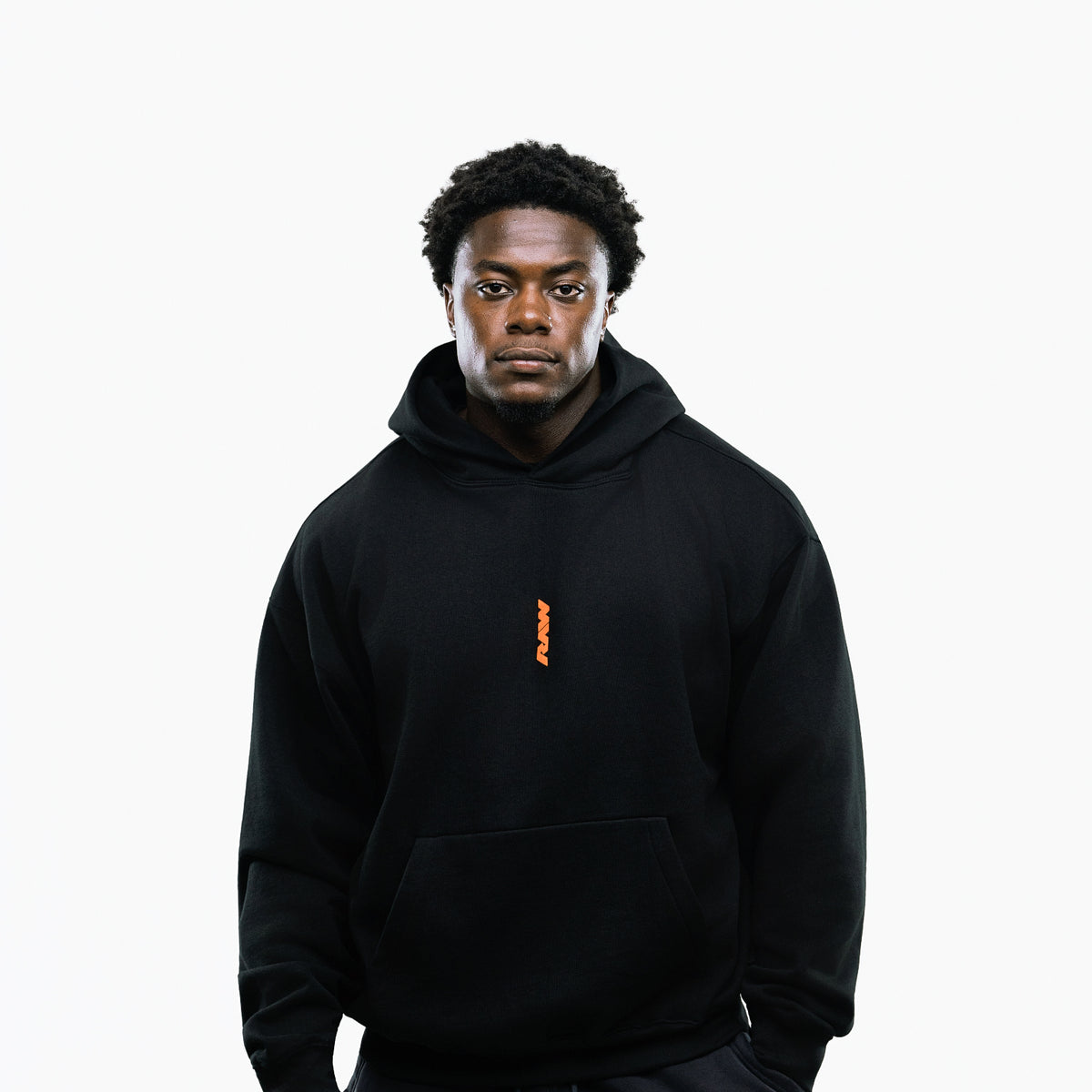 RAW Core Crew Hoodie, black and orange, on model, front (men's)