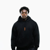 RAW Core Crew Hoodie, black and orange, on model, front (men's)