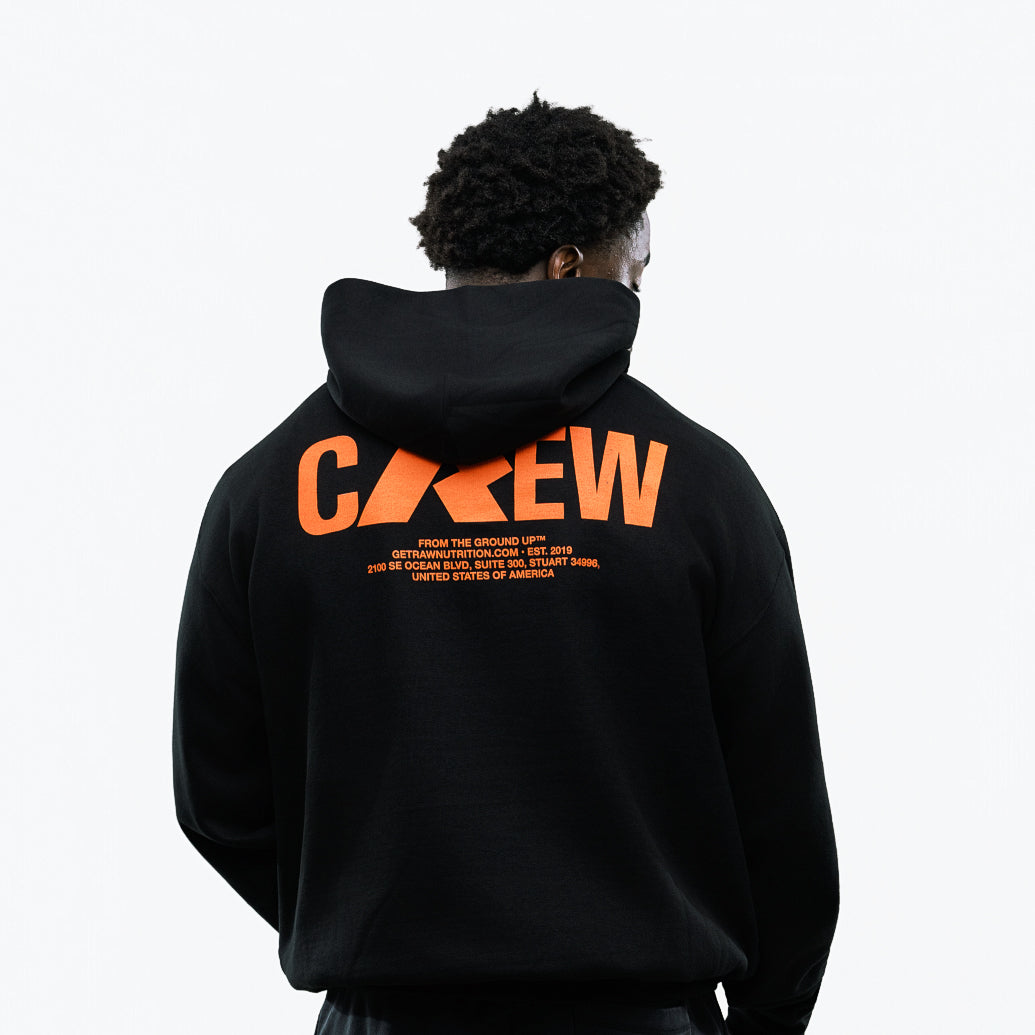 RAW Core Crew Hoodie, black and orange, on model, back (men's)
