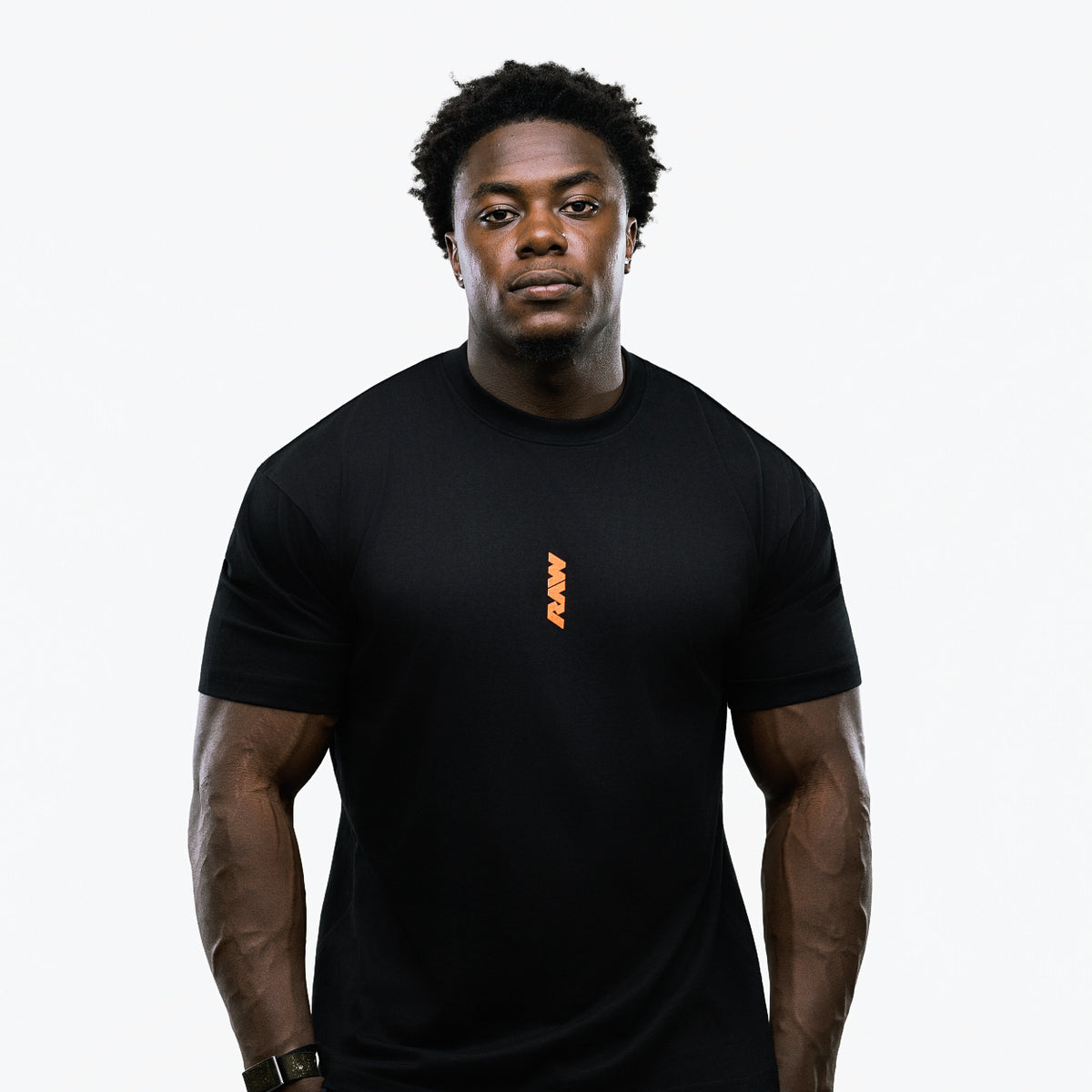 RAW Core Crew T-Shirt, black and orange, on model, front (men's)