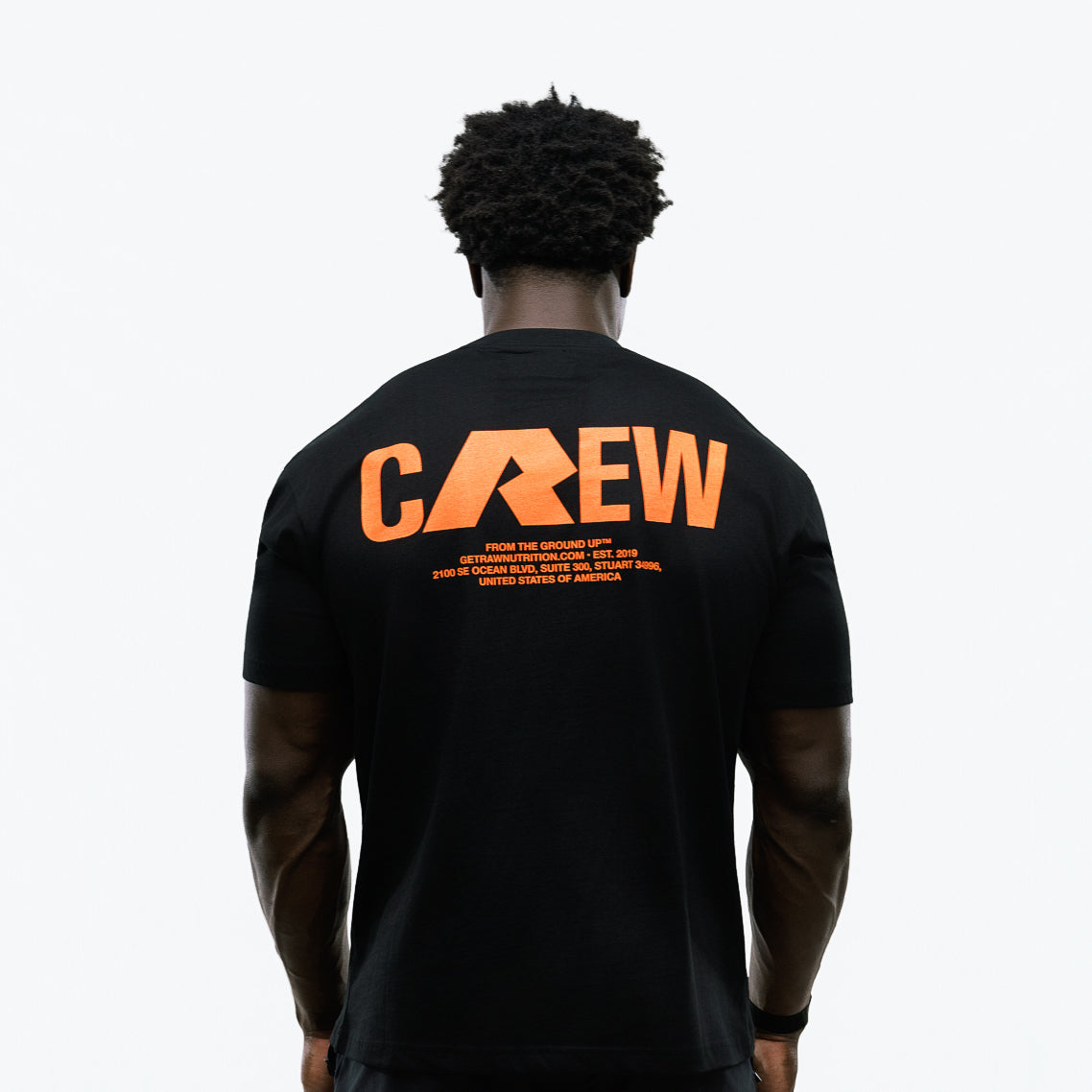 RAW Core Crew T-Shirt, black and orange, on model, back (men's)
