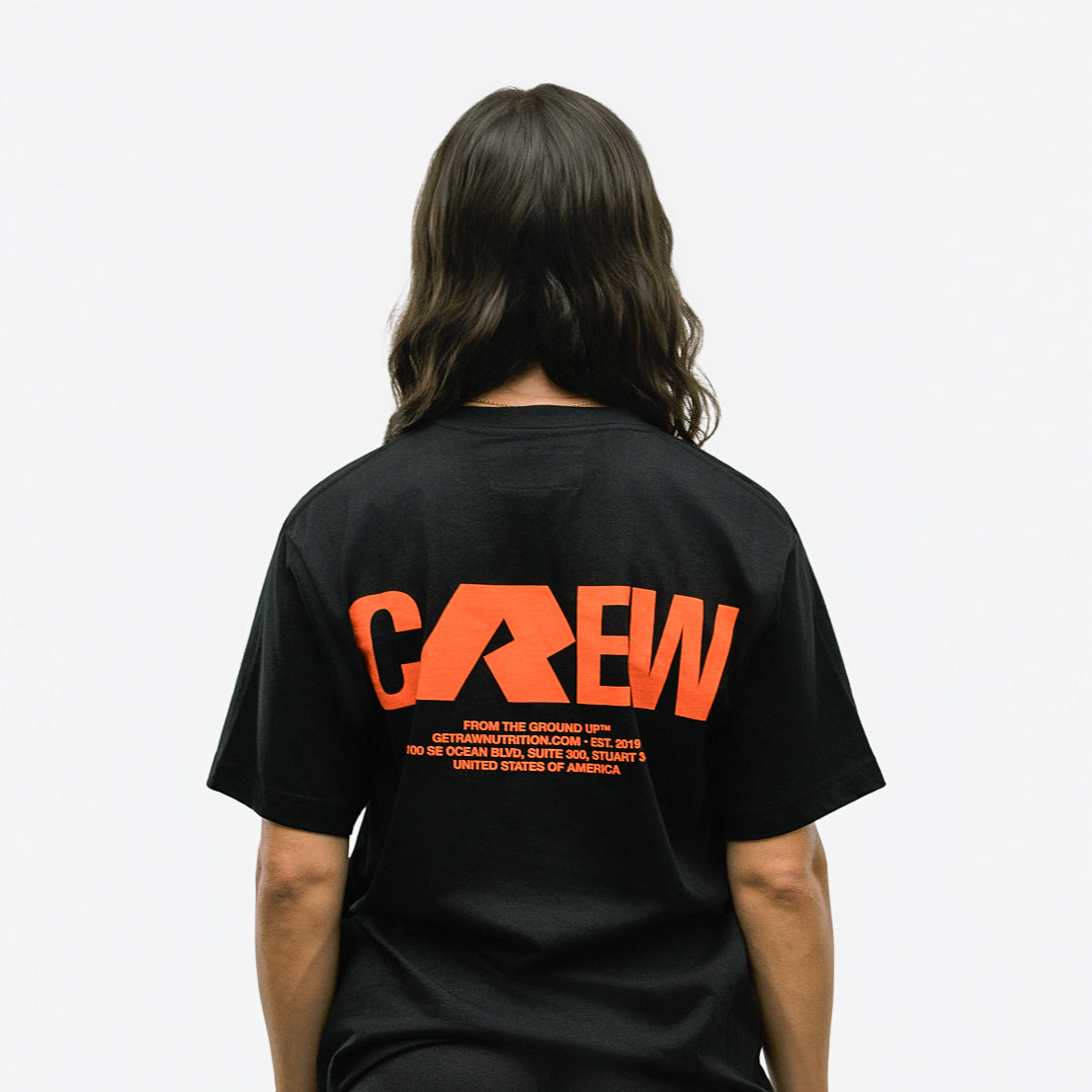 RAW Core Crew T-Shirt, black and orange, on model, back (women's)
