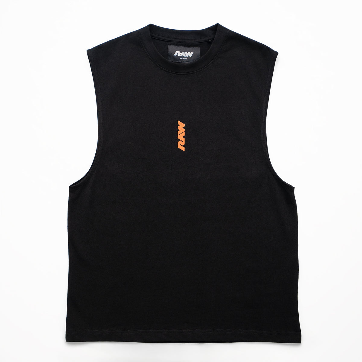 RAW Core Crew Tank, black and orange, front flat lay