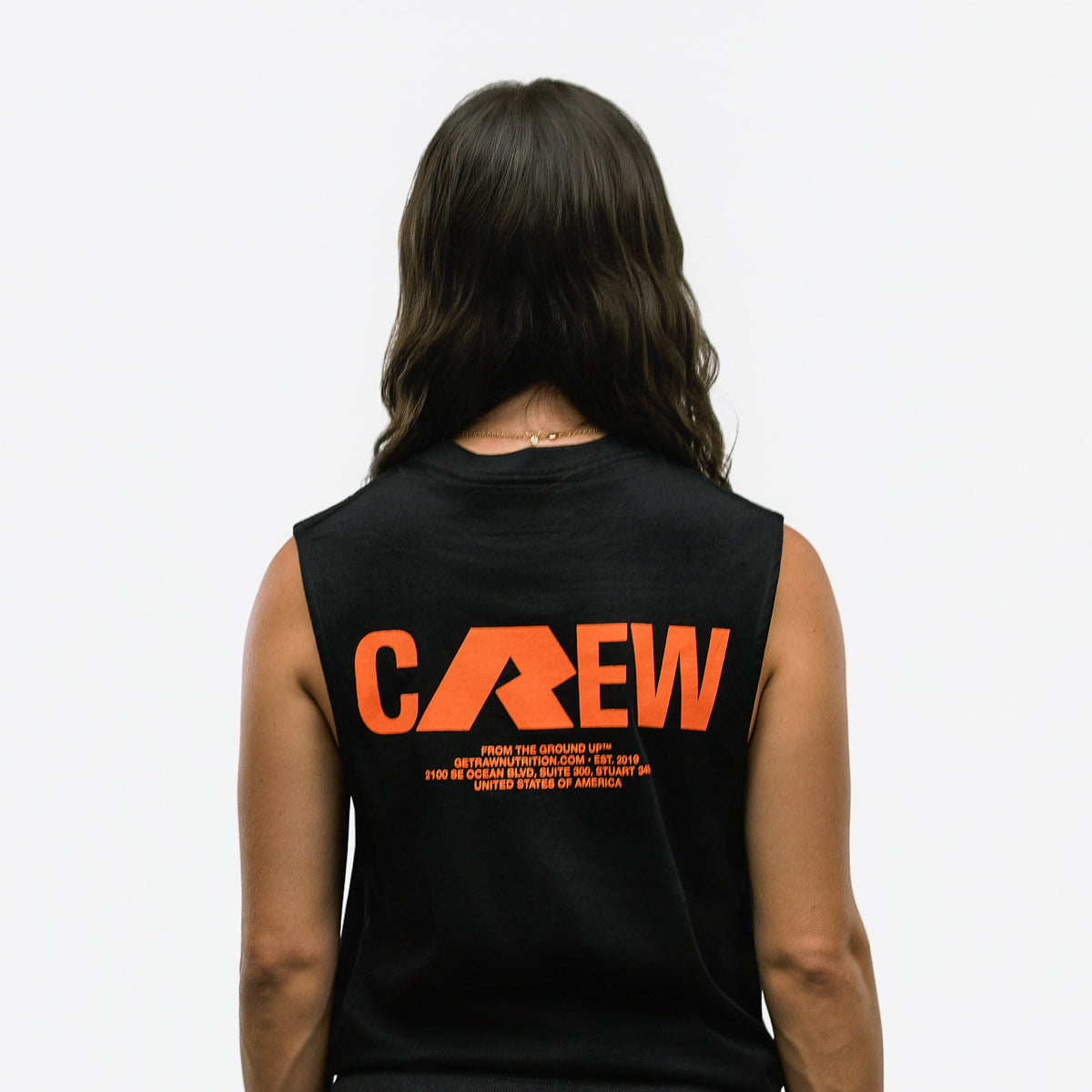 RAW Core Crew Tank, black and orange, on model, back (women's)