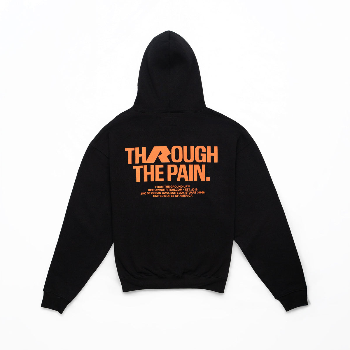 RAW Core Through The Pain Hoodie, black and orange, back flat lay