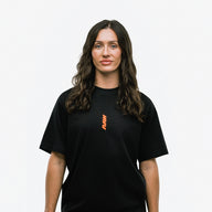 RAW Core Through The Pain T-Shirt, black and orange, on model, front (women's)