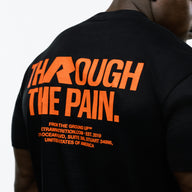 RAW Core Through The Pain T-Shirt, black and orange, back graphic detail on model