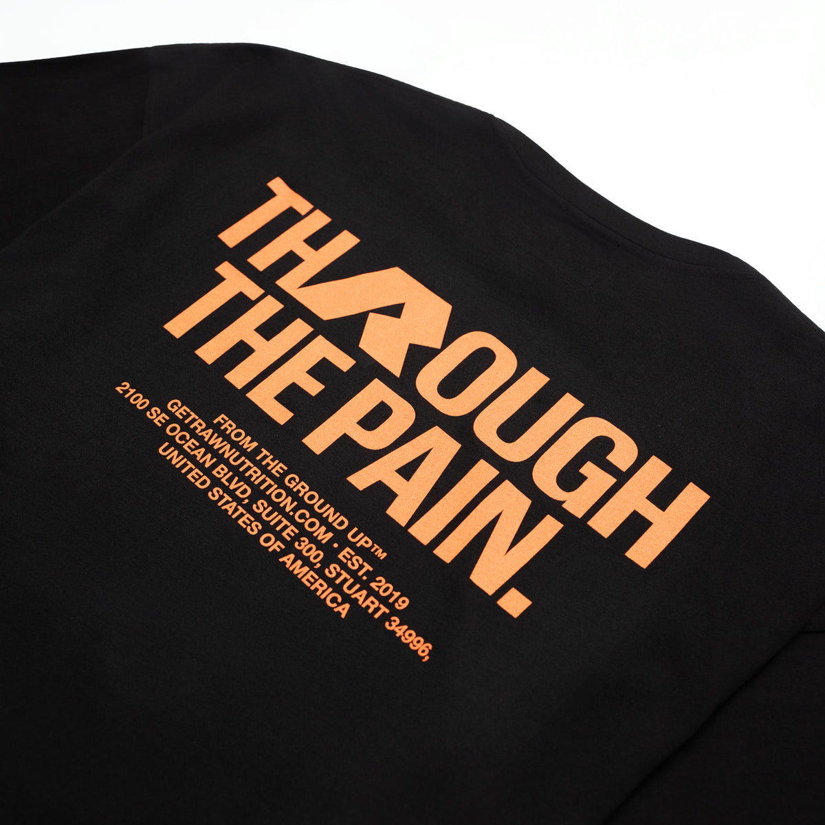 RAW Core Through The Pain T-Shirt, black and orange, back graphic detail
