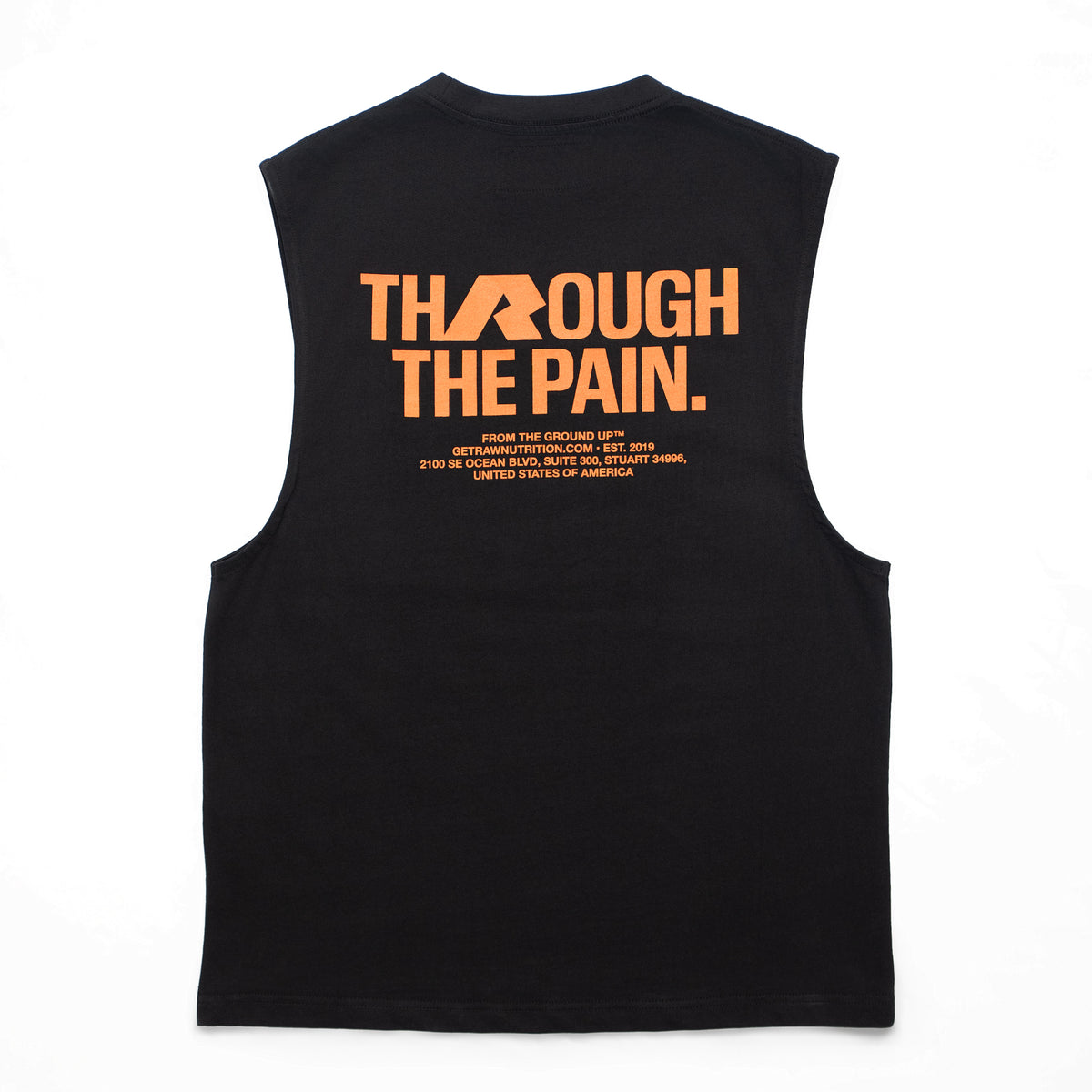 RAW Core Through The Pain Tank, black and orange, back flat lay