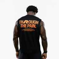 RAW Core Through The Pain Tank, black and orange, on model, back (men's)