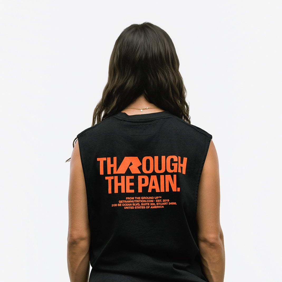 RAW Core Through The Pain Tank, black and orange, on model, back (women's)