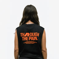 RAW Core Through The Pain Tank, black and orange, on model, back (women's)